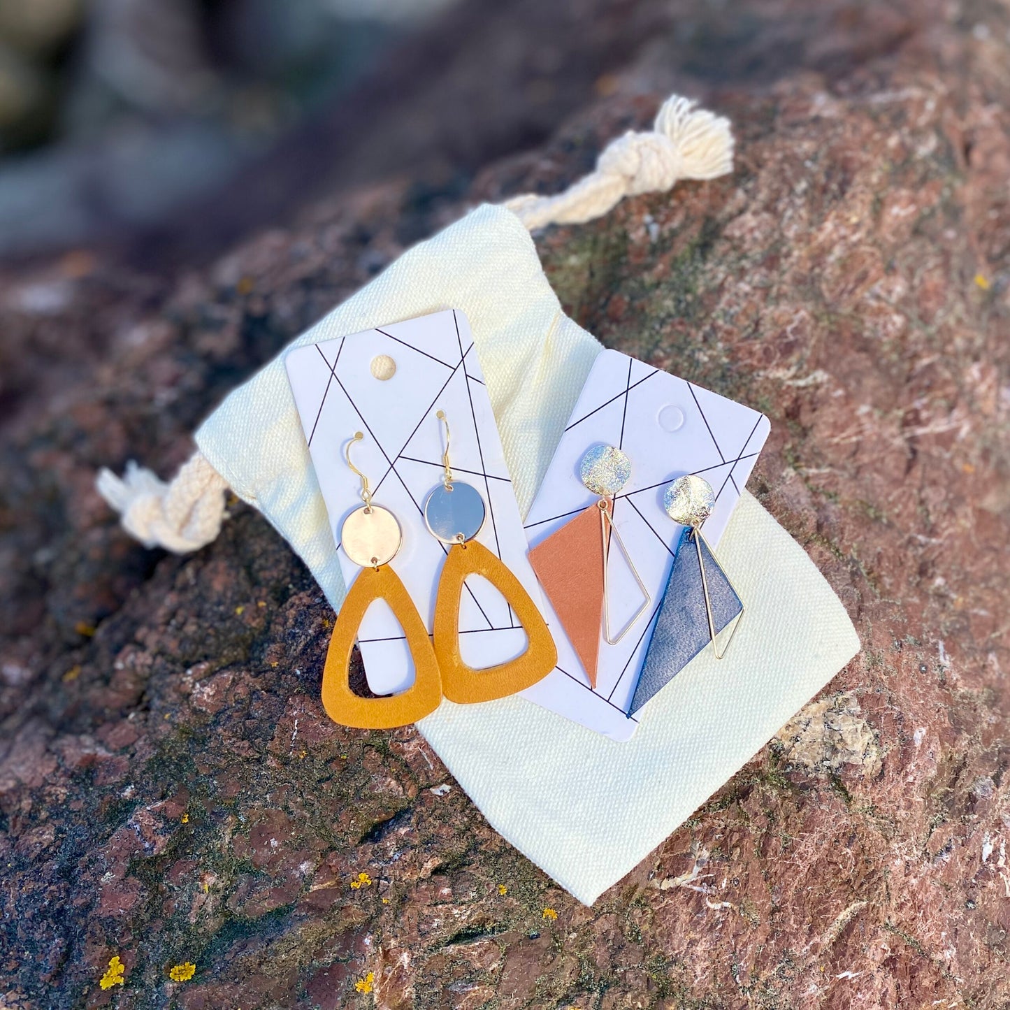 Leather Feather Earrings & Yellow Moon Earrings