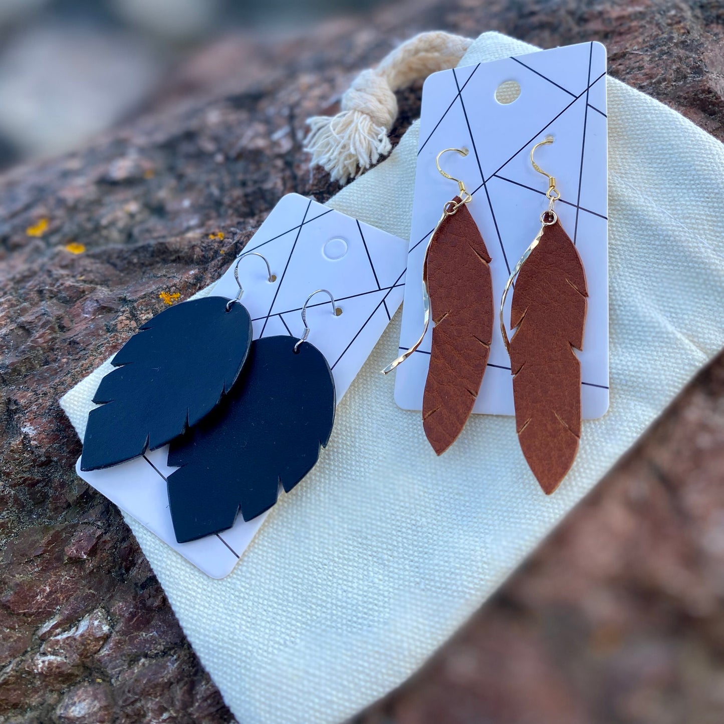 Leather Feather Earrings & Yellow Moon Earrings